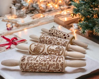 Christmas Engraved Rolling Pin 4-Pack: Embossed Beech Wood Cookie Stamps