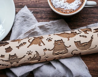 Yoga Cats - engraved rolling pin, embossed - handmade rolling pin, christmas rolling pin, pattern rolling pin, custom rolling pin