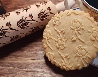 Rodillo de amasar con forma de rosa y flores: Grabador decorativo de madera de haya