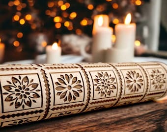 Rodillo de amasar con relieve de flores geométricas: Rodillo de galletas de madera de haya