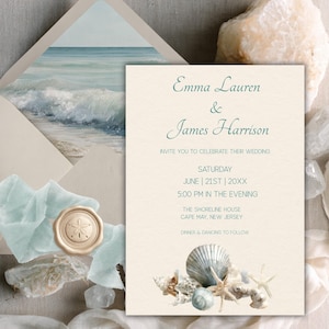 Ocean Shell Wedding Invitation Template Coastal Beach Invitation Editable Templett Invite and  Envelope Liner