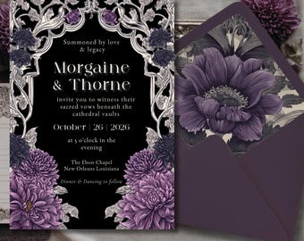 Gothic Art Nouveau Wedding Invitation Suite, Dark Romantic Floral (Editable Template)
