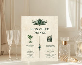 Old Money Signature Drink Sign Template | Elegant Wedding | Editable Cocktail Menu | Vintage  8x10 Templett