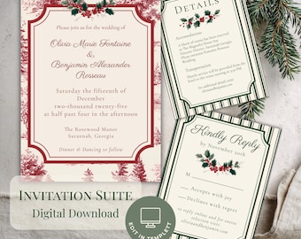 Christmas Wedding Invitation Suite Template Editable Digital Download Printable Holiday Wedding Winter Invitation Rustic Christmas French