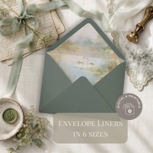 Könnte beinhalten: Ein salbeigrüner Umschlag mit einem Einleger, der ein impressionistisches Gemälde zweier weißer Schwäne auf einem ruhigen See zeigt. Der Umschlag ist umgeben von Vintage-Papier, einem grünen Band, einem Wachssiegel und Spitze. Text: DIGITAL & PRINTABLE.