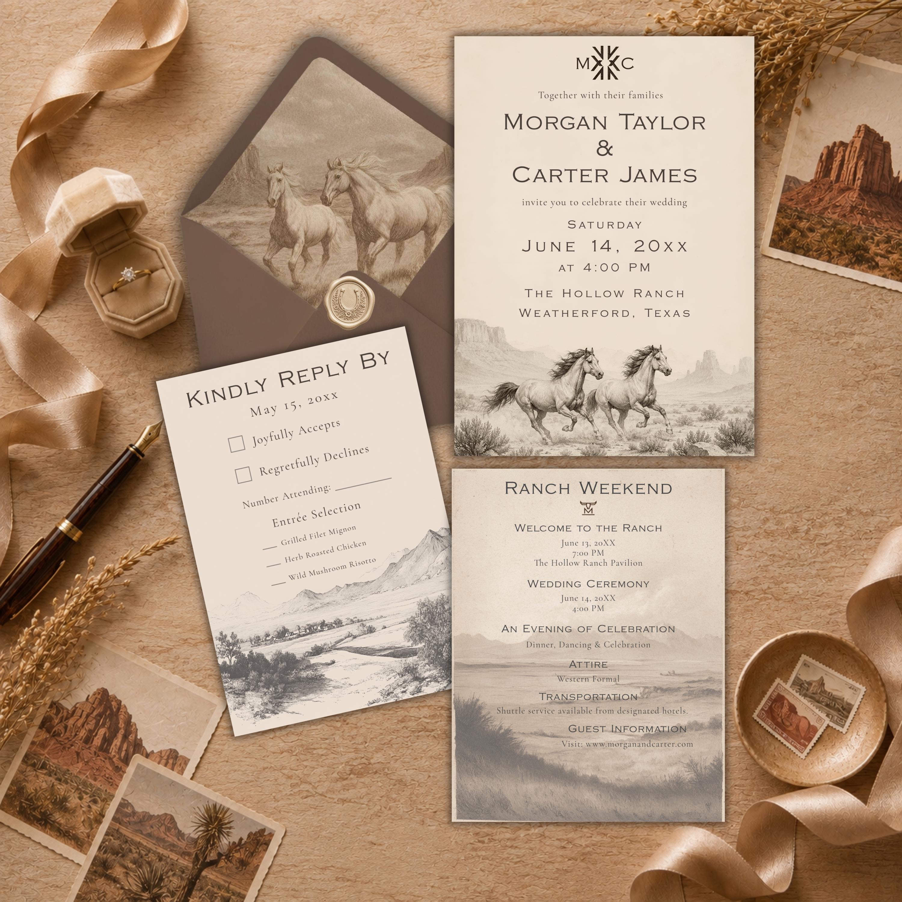 Horse Wedding Invitation Suite Template Editable Cowboy