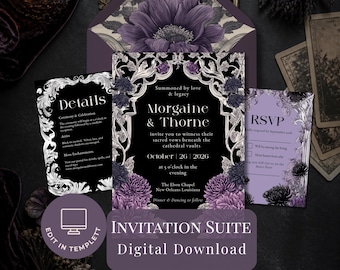 Op de afbeelding: Een trouwkaarten set met een zwart en paars bloemendesigne en zilverkleurige krullen. De set bevat een hoofduitnodiging voor Morgaine en Thorne, een detailkaart en een RSVP-kaart, allemaal getoond met een bijpassende envelop.