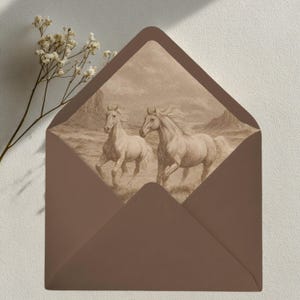 May include: A brown envelope with a pointed flap featuring an interior liner printed with a sepia-toned illustration of two horses running through a landscape. The envelope is displayed alongside a sprig of small white dried flowers.