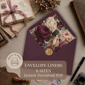 Könnte beinhalten: Ein tief violetter Umschlag mit einem Blumenmuster-Innenfutter aus dunkelroten, hellrosa und cremefarbenen Rosen. Der Umschlag ist mit einem goldenen Wachssiegel verschlossen. Der Text lautet: READY TO PRINT ENVELOPE LINERS 6 SIZES INSTANT DOWNLOAD PDF.