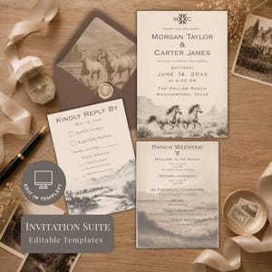 Einladungsset für eine Pferdehochzeit – bearbeitbar, inklusive Briefpapier im Cowboy-Ranch-Stil, Umschlagfutter, Karte im rustikalen Landhausstil