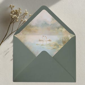 Fodera per busta con cigno, fodera per busta stampabile ad acquerello per matrimonio, romantico PDF fai da te per belle arti