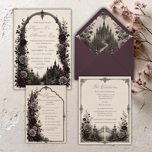 Halloween Wedding Invitation Dark Purple Flowers Printable Template Editable Invite Digital Download Gothic Romantic Manor Ceremony Suite