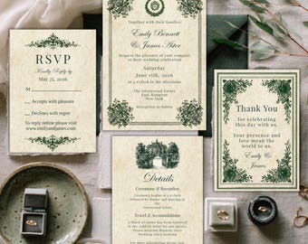 Bruiloftuitnodigingssuite voor oud geld: elegant vintage design, klassieke trouwdetails, luxe bewerkbare sjabloon