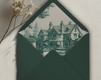Old Money Envelope Liners  Vintage Estate Manor Wedding Template  Green Heritage Wedding Stationery