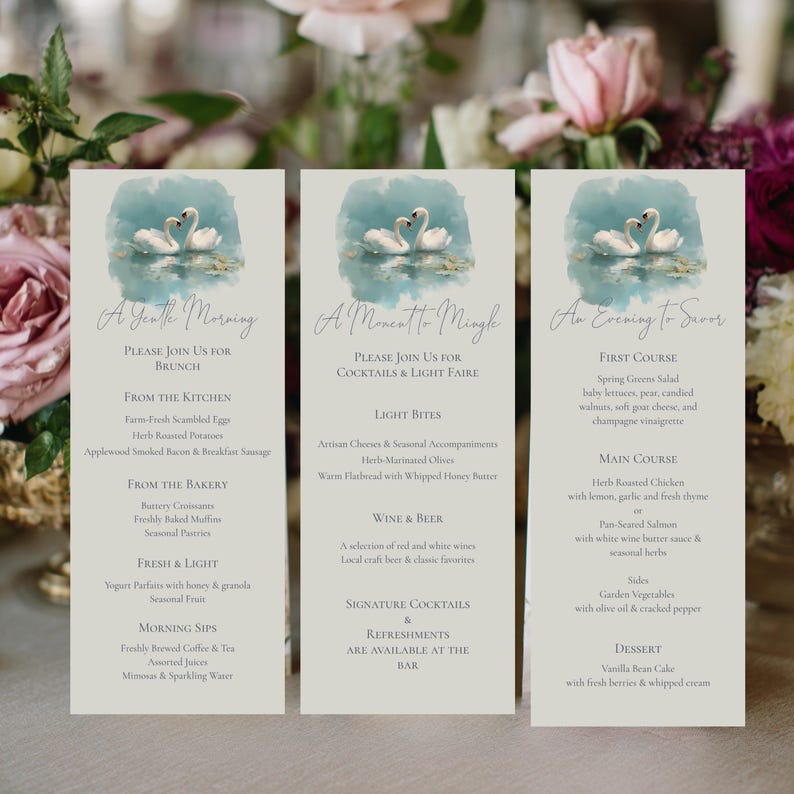 Menu Backdrop Swan Watercolor Swan Art Dayof Wedding Signage Bundle Welcome Sign Menus ...