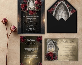 Gothic Candlelight Roses Wedding Suite Alternative Wedding Invite Printable Editable Templates