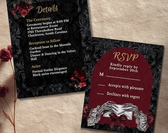 Gothic Wedding RSVP & Details Card: Dark Velvet Skeleton Hands (Digital Download)