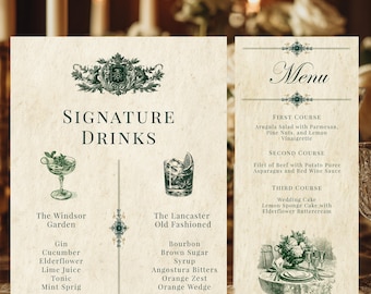 Cartello per drink firmato Old Money più menu per la cena Pacchetto cartello cocktail modello modificabile