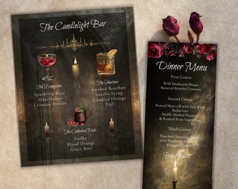 Menú y cartel de bar para boda a la luz de las velas estilo gótico / Romántico oscuro (Archivo digital)