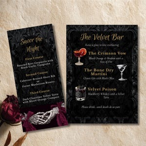 Gothic Wedding Menu & Signature Drink Sign Black Damask Skeleton Design (Editable Template)