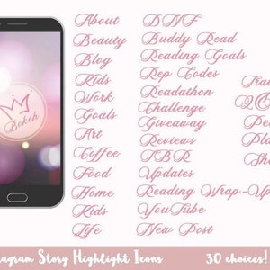 May include: A smartphone displays a pink and white bokeh background with a crown logo. Surrounding the phone are pink text options for Instagram Story Highlight Icons, including "About," "Beauty," and "Blog." The text at the bottom reads "Instagram Story Highlight Icons 30 choices!"
