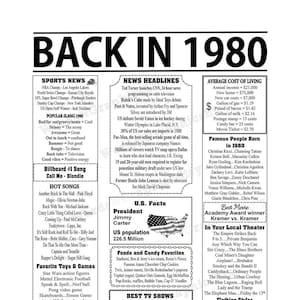 Terug in 1980 krant stijl poster, geboren in 1980, 1980 verjaardag, afdrukbare, cadeau-ideeën voor haar, verjaardagscadeau-ideeën 3 JPG-bestanden WIT