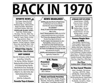1970 Newspaper Style Poster, Born in 1970, Printable, Birthday Gift for Her, Birthday Gift Ideas Him, 8 x 10-11 x 14-16 x 20 JPG Files White