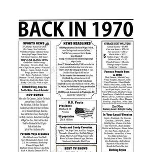 1970 Newspaper Style Poster, Born in 1970, Printable, Birthday Gift for Her, Birthday Gift Ideas Him, 8 x 10-11 x 14-16 x 20 JPG Files White