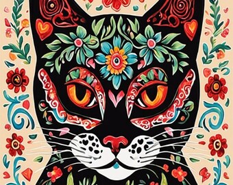 Beautiful Floral Mexican art cat, Dia de los Muertos printable, Day of the Dead cat, festival, 300 dpi, decoration, party, t-shirt, wall art