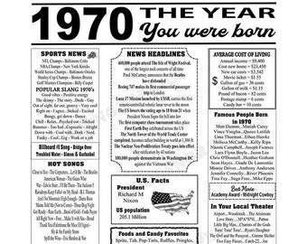 Back In 1970 Newspaper Poster, Born in 1970, Printable, Birthday Gift Ideas for Her, Birthday Gift Ideas for Him, 3 JPG Files White