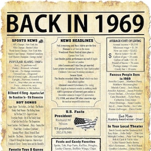 Back In 1969 Newspaper Style Poster, Born in 1969, Printable, Birthday Gift Ideas for Her, Birthday Gift Ideas for Him, 4 JPG Files DK
