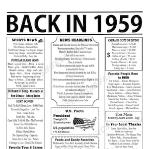 Back In 1959 Newspaper Style Poster, Born in 1959, PRINTABLE, Birthday Gift Ideas for Her, Birthday Gift Ideas for Him, 3 JPG Files