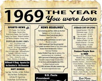 1969 Year You Were Born, Newspaper Style Poster, Born in 1969, PRINTABLE, Birthday Sign File, Birthday Gift Ideas for Him, JPG Files