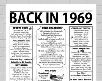 Back In 1969 Newspaper Style Poster, Born in 1969, 1969 Birthday, Birthday Gift Ideas Her, Birthday Gift Ideas Him, PRINTABLE, 3 Files White