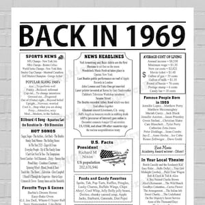 Back In 1969 Newspaper Style Poster, Born in 1969, 1969 Birthday, Birthday Gift Ideas Her, Birthday Gift Ideas Him, PRINTABLE, 3 Files White