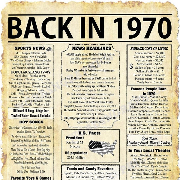 Back In 1970 Newspaper Style Poster, Born in 1970, Printable, Birthday Gift Ideas for Her, Birthday Gift Ideas for Him, 3 JPG Files DK