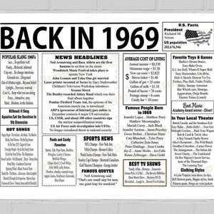 Back In 1969 Newspaper Style Poster, 1969 Landscape Place Mat, Reunion, Anniversary, 1969 Birthday, PRINTABLE, Birthday Gift Idea, 3 JPGs