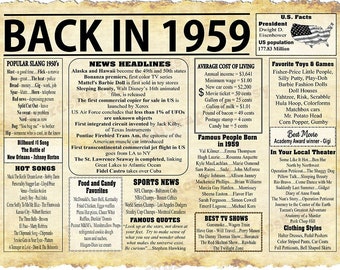 60 Year Old Birthday, 1959 Anniversary, 1959 Place Mat Landscape , PRINTABLE, 1959 Poster, Back in 1959 Sign, 4 JPGs DK