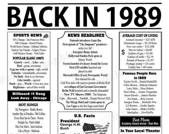 Back In 1989 Newspaper Style Poster, Born in 1989, 1989 Birthday, PRINTABLE, Birthday Gift Ideas for Her Birthday Gift Ideas for Him, 3 JPGs