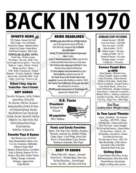 Back In 1970 Newspaper Style Poster Born In 1970 Printable Etsy