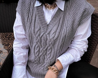 Sweater vest Knitted vest for women Cable knit vest Sleeveless sweater V neck sweater vest Womens handmade sweater vest Oversized vest top