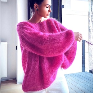Chunky oversized mohair sweater Wool hand knit sweater Fuzzy chunky sweater for women Off shoulder knit loose sweater Long mohair pullover