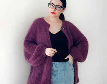 Hand-Knitted Mohair Cardigan: Oversized Chunky Knit with Balloon Sleeves