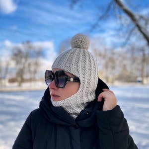 Balaclava knit hood Knit balaclava unisex Balaclava face mask Hand knit ski hood Balaclava with pom pom Trendy clothes Aesthetic clothes
