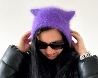 Knit adult angora bonnet Cat ear hat Angora hat Womens winter hat Kitty bonnet Gift for her Cat lovers gift Cat hat Funny gift