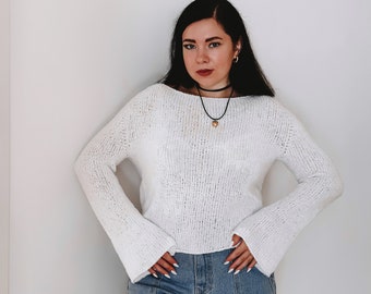 White feminine knit jumper Womens cotton sweater Cropped summer sweater Soft and cozy handmade sweater Bell-bottom sleeve pullover