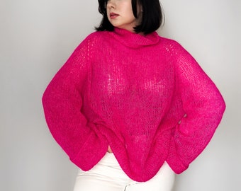 Hot pink mohair sweater Hand knit wool sweater for women Plus size sweater Knitwear women Fuzzy oversized sweater Transparent sweater