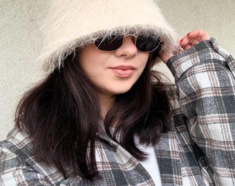Fluffy Hand Knitted Hat, Merino Wool Blend Beanie, Soft Winter Hat for Women, Cozy Minimalist Knit, Fluffy Knitted Panama Hat