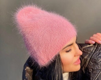 Angora beanie Fluffy and warm angora hat Plush angora skull cap for women