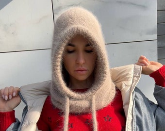 Angora knit stylish hood Hand knitted hood Fluffy mohair hood Women winter hood Warm alpaca hood helmet Neck warmer Knit balaclava hood